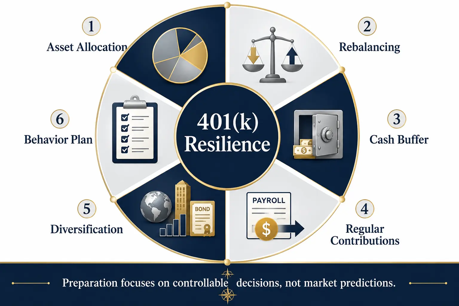 401(k) resilience levers: asset allocation, rebalancing, cash buffer, regular contributions, diversification, and behavior plan arranged around a central 401(k) resilience hub