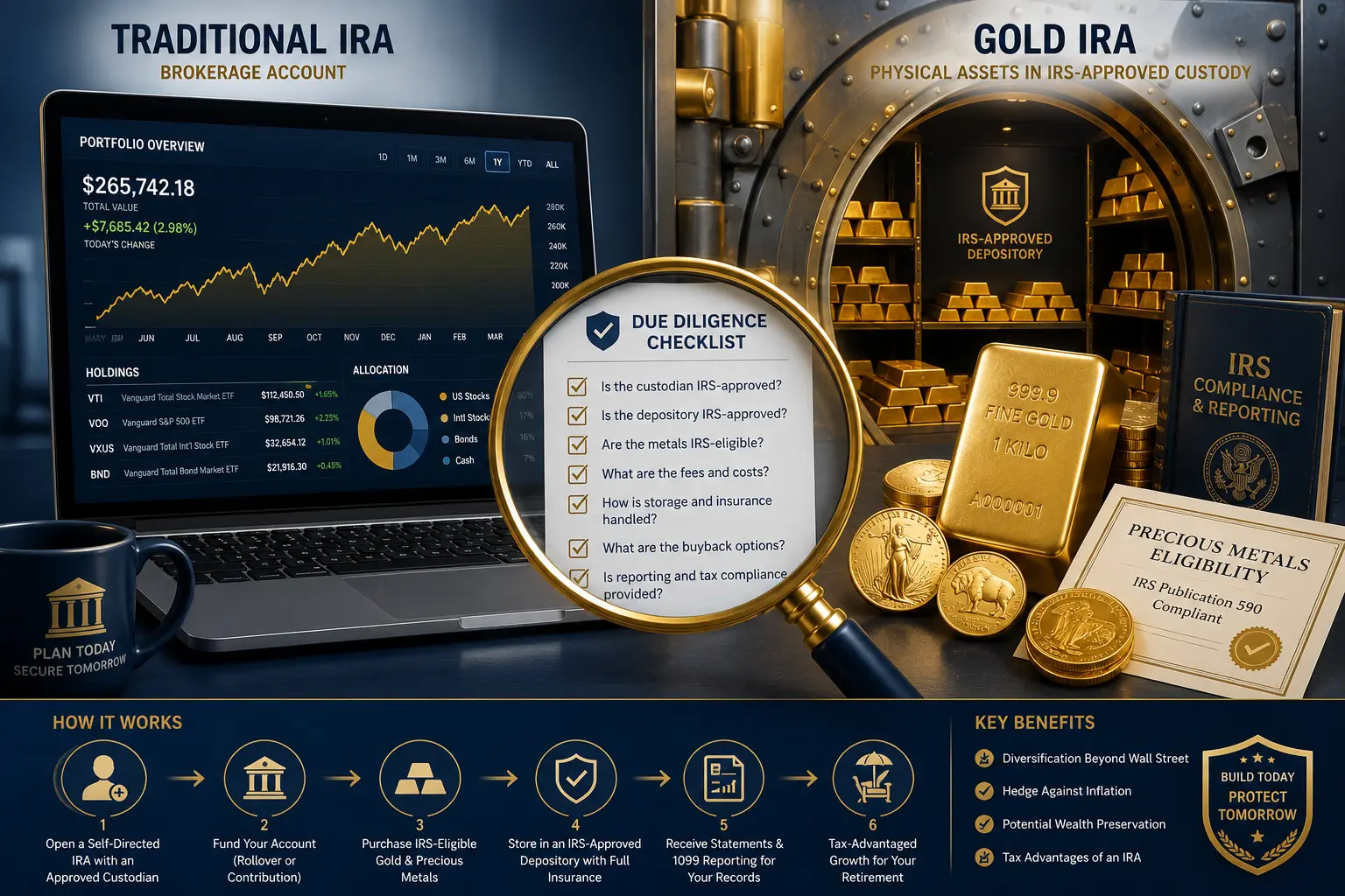 Gold IRA due diligence checklist covering fees, custodian, storage, rollover, buyback, and public complaints
