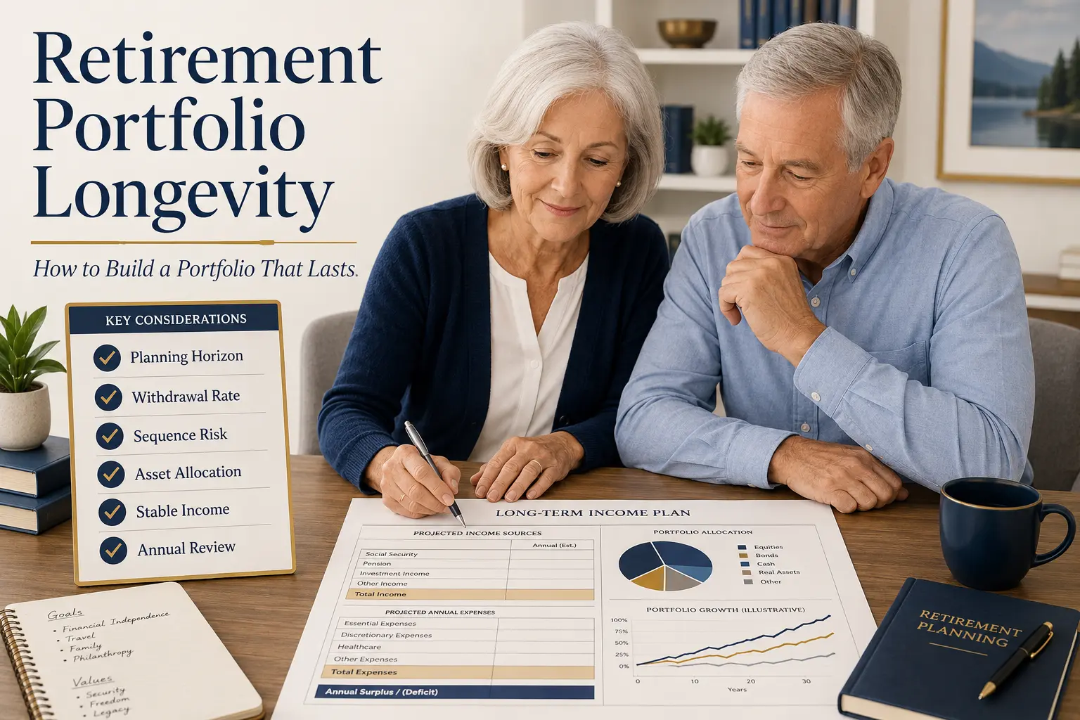 Retirement portfolio longevity: a retired couple reviewing a long-term income plan with a checklist of planning horizon, withdrawal rate, sequence risk, asset allocation, stable income, and annual review