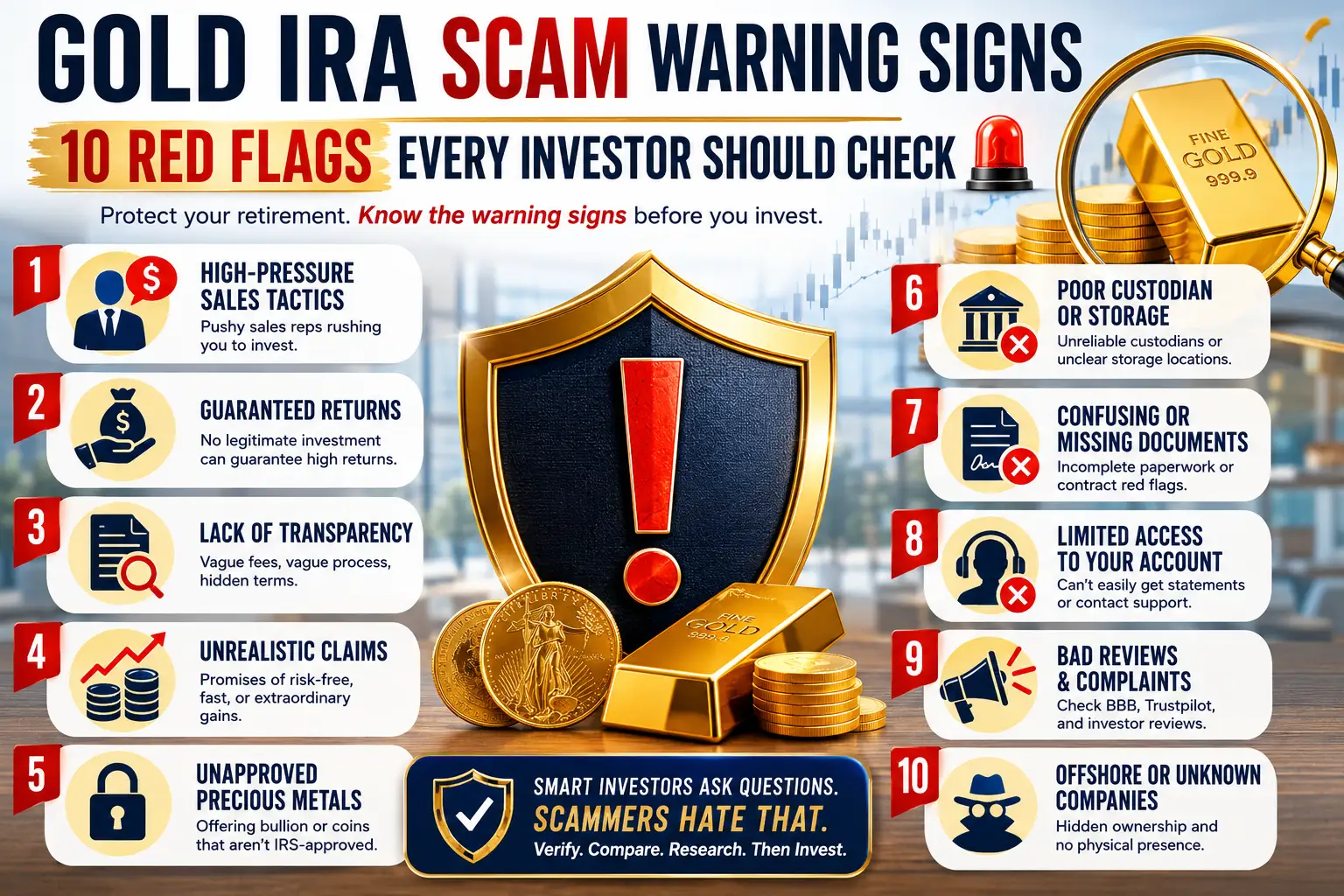 10 Gold IRA red flags every investor should check — high-pressure sales, guaranteed returns, lack of transparency, unrealistic claims, unapproved metals, poor custodian or storage, missing documents, limited account access, bad reviews, and offshore or unknown companies