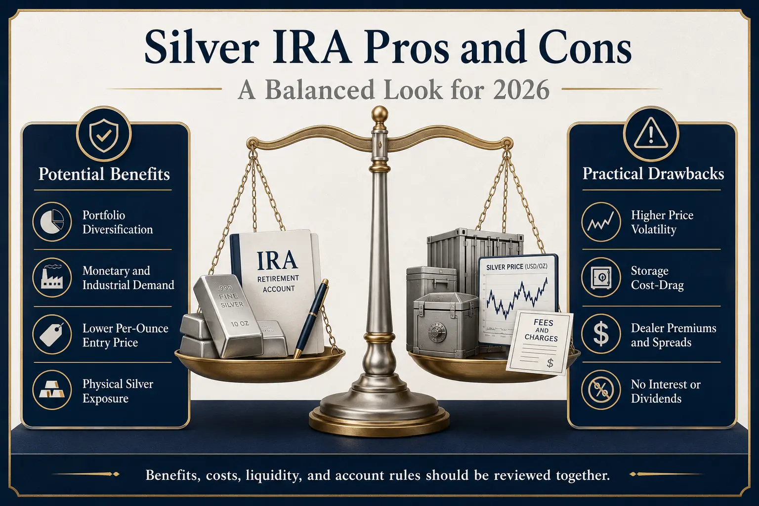 Silver IRA pros and cons: a balanced scale weighing potential benefits against practical drawbacks of holding silver in a retirement account