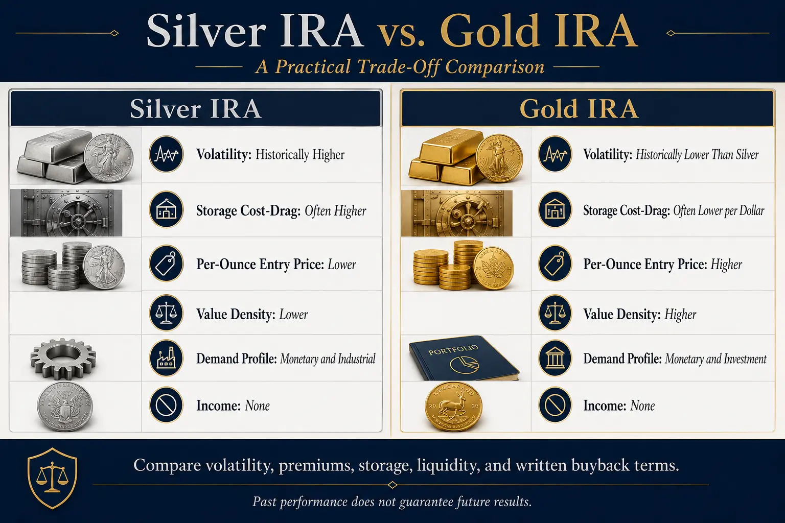 Silver IRA vs Gold IRA trade-off comparison: silver has higher volatility, higher storage cost-drag, lower per-ounce entry price, lower value density, and monetary plus industrial demand; both produce no income
