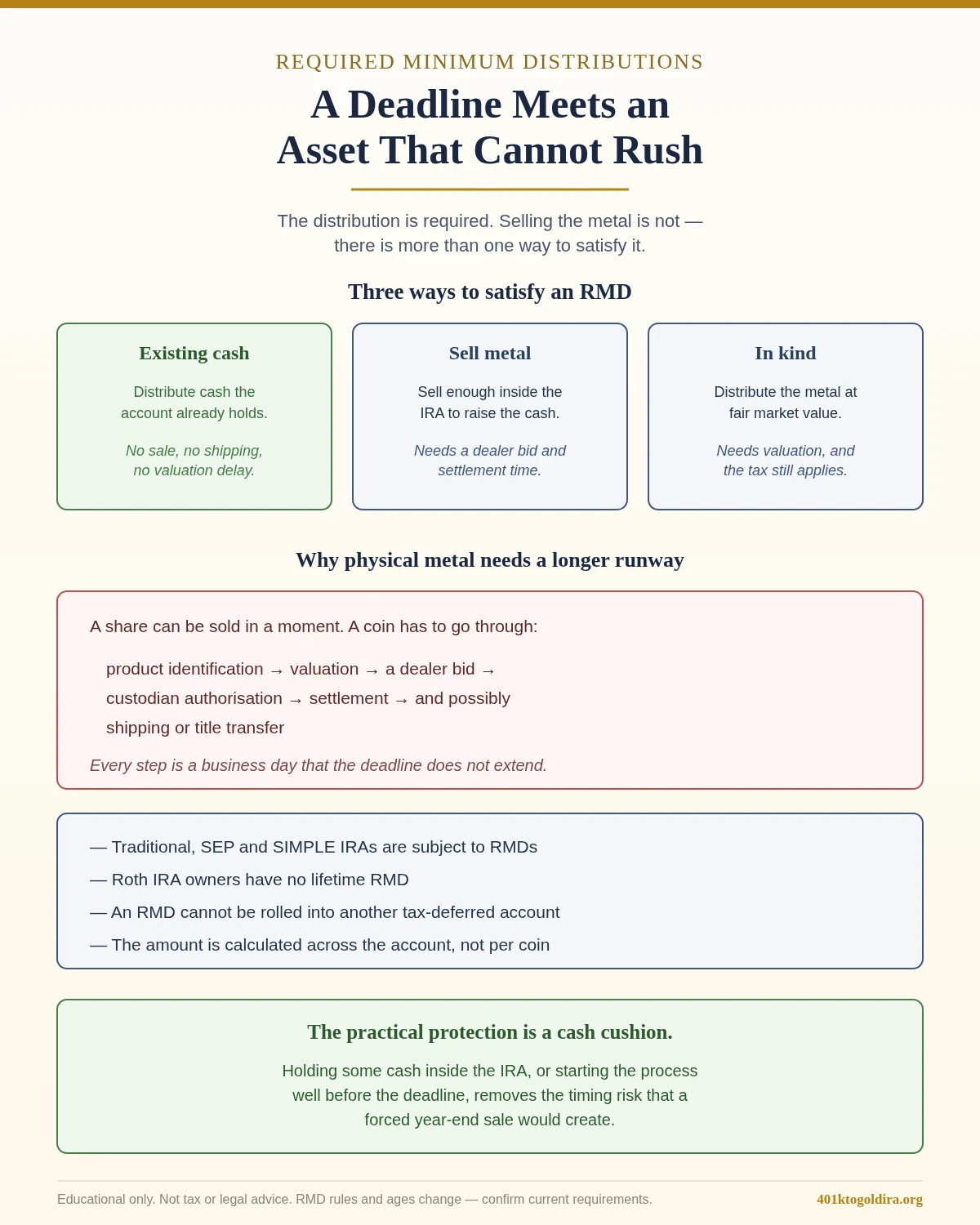 Diagram explaining how a required minimum distribution works when an IRA holds physical precious metals rather than cash, showing that the RMD is a dollar amount calculated from the prior year end account value, that metal cannot be divided precisely to match it, and that the options are selling part of the holding for cash, taking an in-kind distribution of specific coins or bars, or satisfying the amount from another IRA where aggregation rules permit