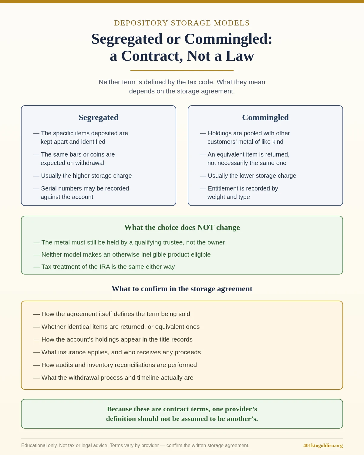 Diagram explaining that segregated and commingled storage are contract terms rather than tax-code definitions, contrasting segregated storage where specific deposited items are kept apart and the same bars or coins are expected on withdrawal at a usually higher charge, with commingled storage where holdings are pooled with other customers' metal of like kind and an equivalent item is returned at a usually lower charge, while noting that neither model changes the requirement that metal be held by a qualifying trustee, makes an ineligible product eligible, or alters the tax treatment of the IRA