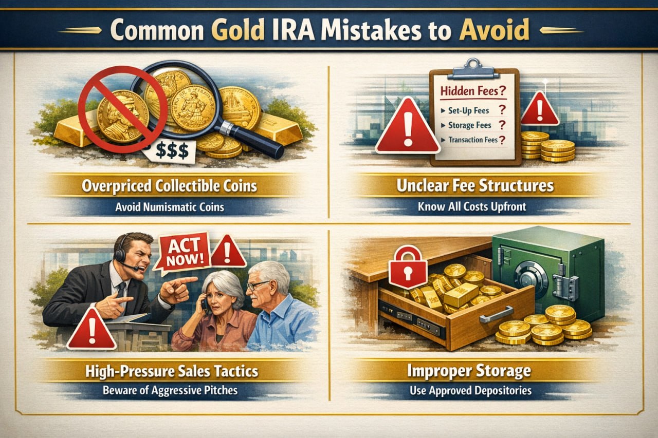 Common Gold IRA Mistakes to Avoid — overpriced collectible coins, unclear fee structures, high-pressure sales tactics, improper home storage