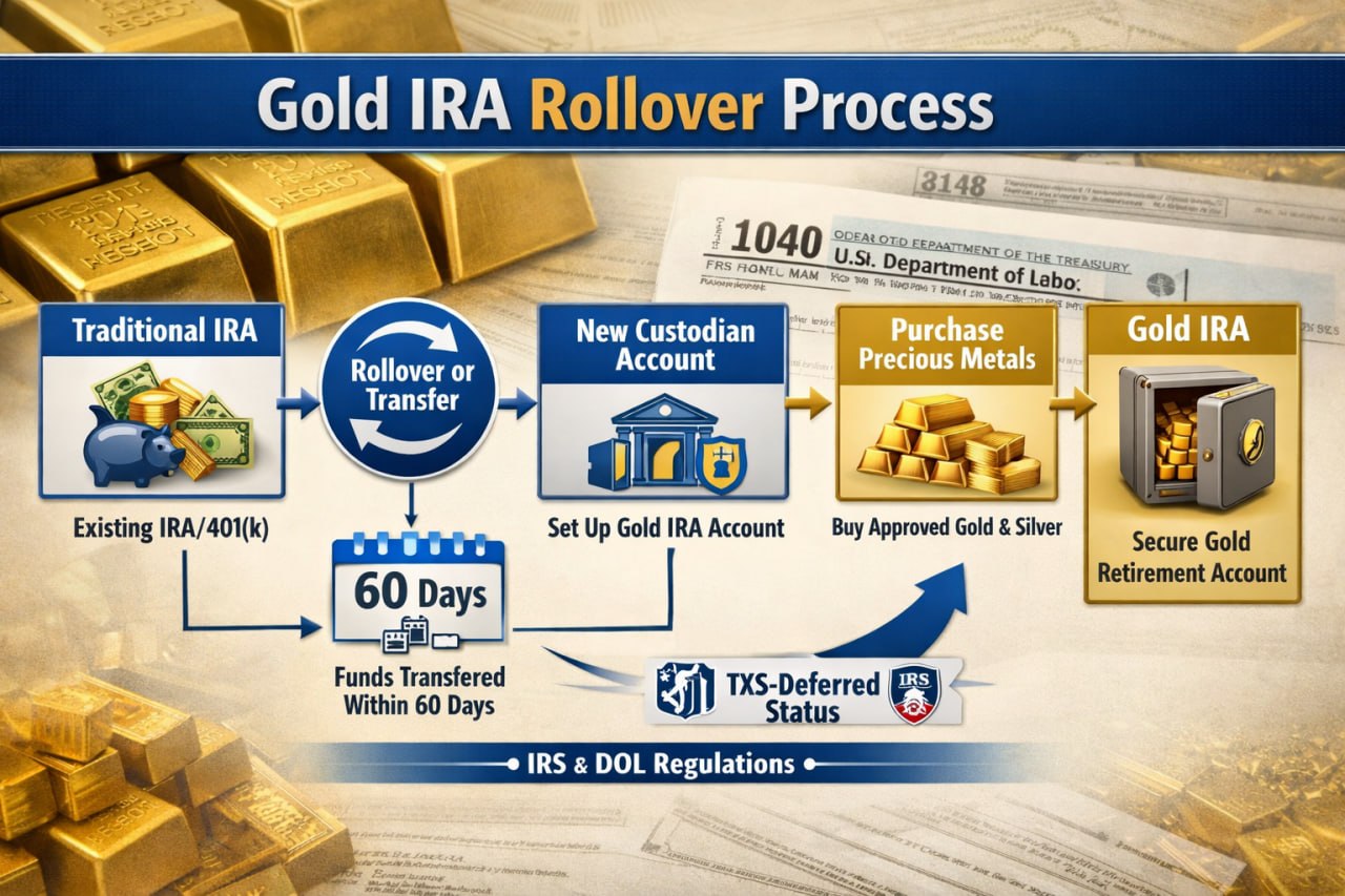 Gold IRA Rollover Process — visual flow from existing 401(k) or IRA through new custodian account to purchase of precious metals to secure gold retirement account, with 60-day window and IRS/DOL regulations notes