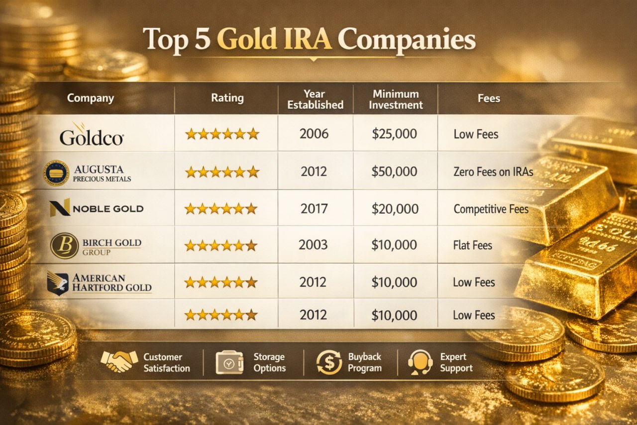Top 5 Gold IRA Companies 2026 — comparison table of Goldco, Augusta, Noble Gold, Birch Gold, and American Hartford Gold with rating, year established, minimum investment, and fee structure