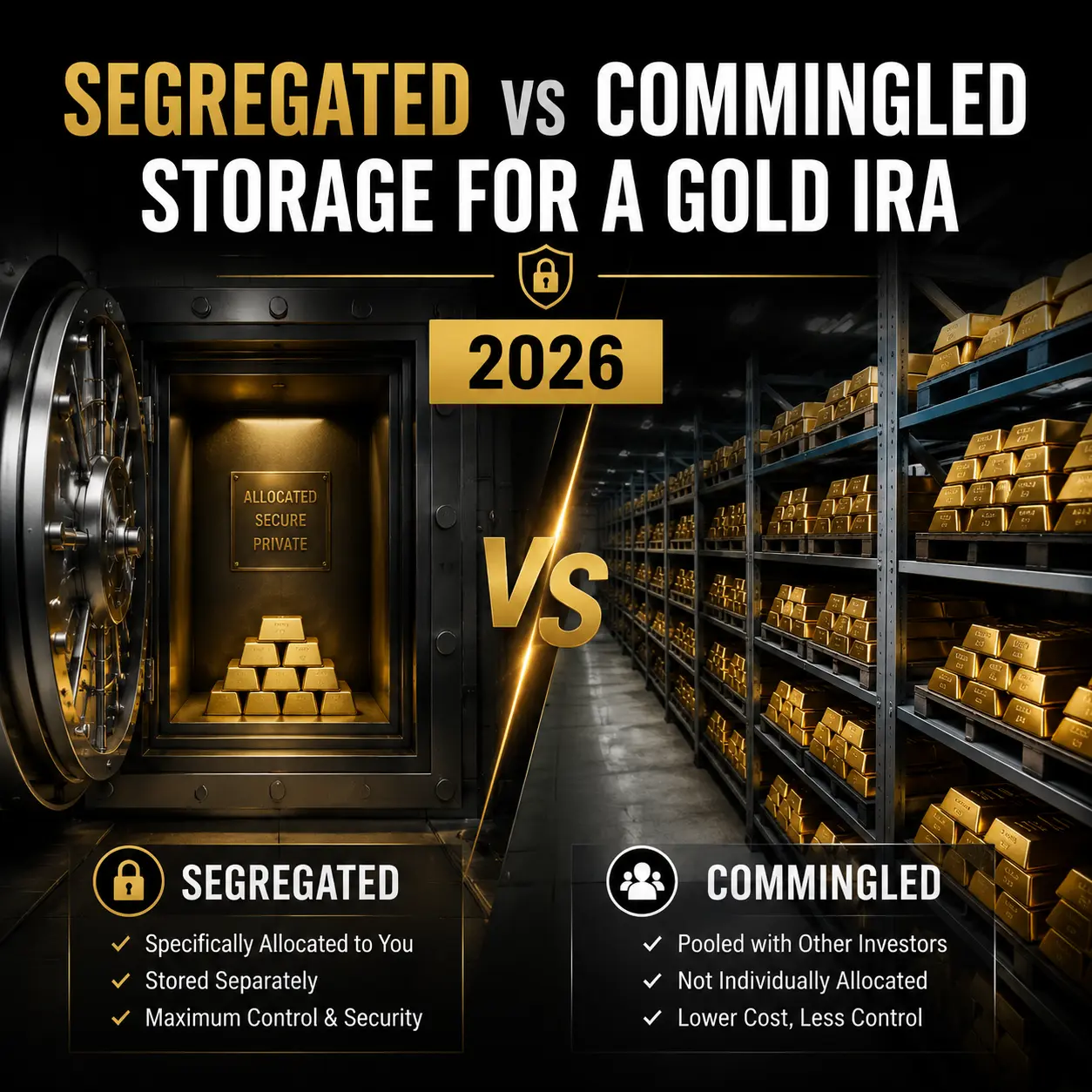 Segregated versus commingled gold IRA storage comparison showing separately held bars versus pooled storage