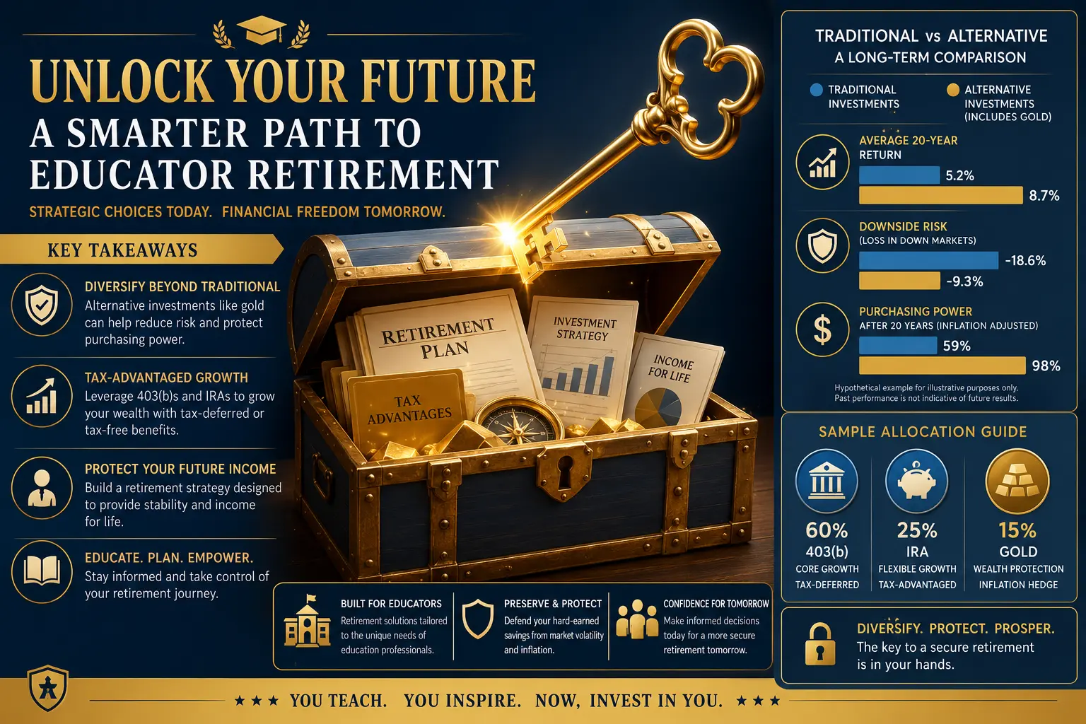Educator retirement strategy — comparison of traditional vs alternative retirement investments showing traditional 403(b) annuities and mutual funds alongside alternative gold IRAs, with diversification and risk management considerations