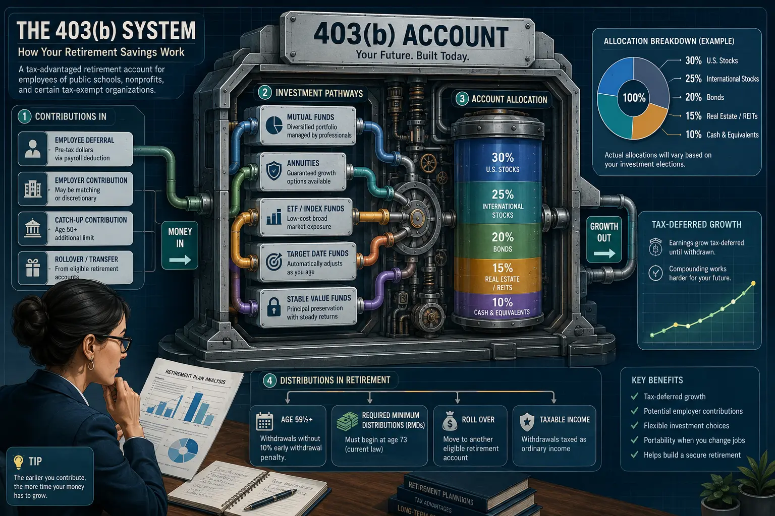 403(b) retirement account mechanics — funded by pre-tax contributions, invested through mutual funds and annuities, with the contribution flow from employer to plan administrator to investment vehicles