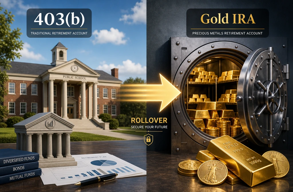 403(b) to Gold IRA rollover process — six-step flow with check eligibility, open self-directed IRA, initiate rollover, choose gold IRA custodian, transfer funds and choose precious metals