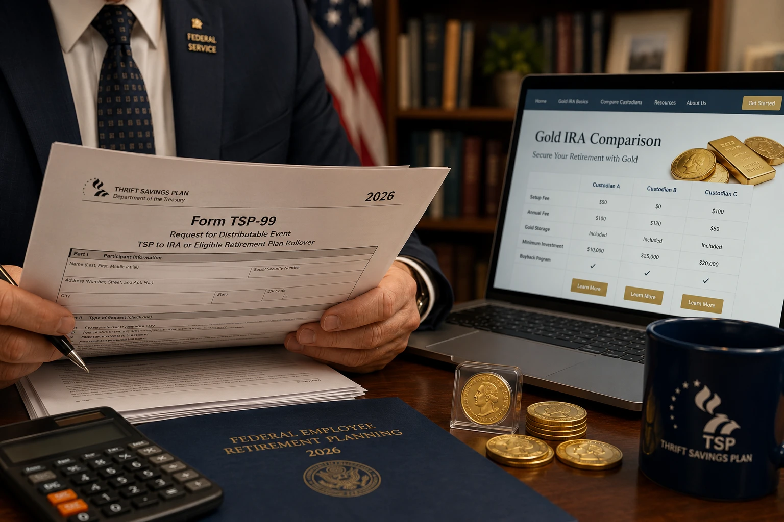 Federal employee retirement planning — retiring federal worker reviewing retirement plan with TSP balance, gold bullion bars, and FERS pension considerations