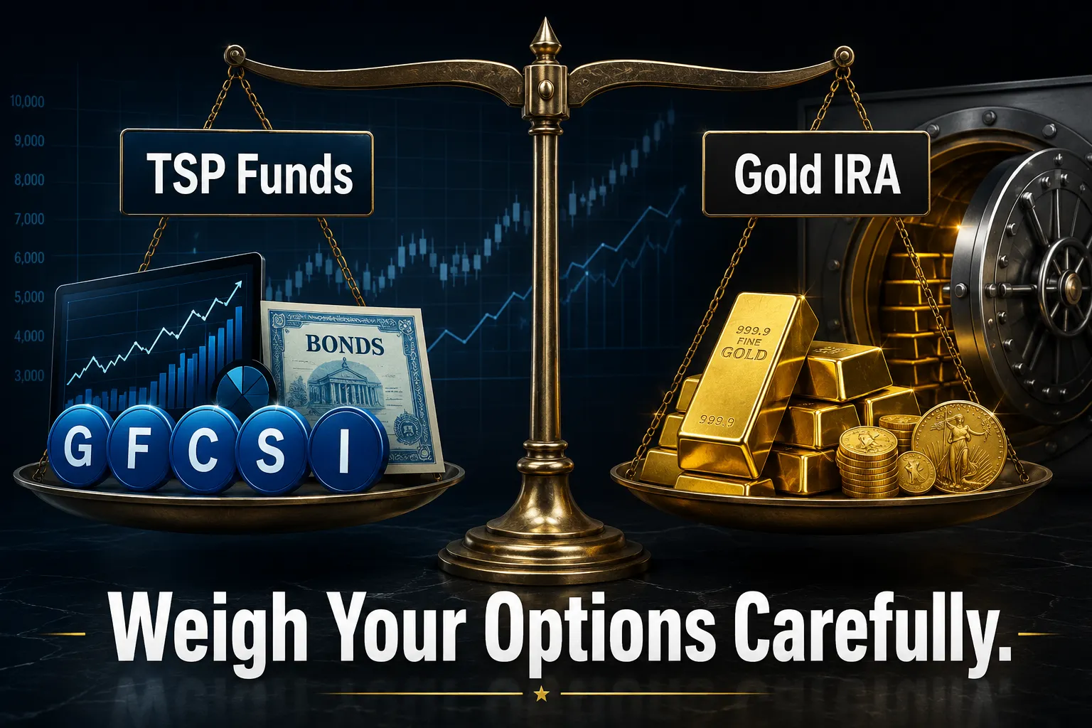Weigh your TSP funds against Gold IRA options — visualization of allocation considerations between G Fund stability and gold IRA diversification