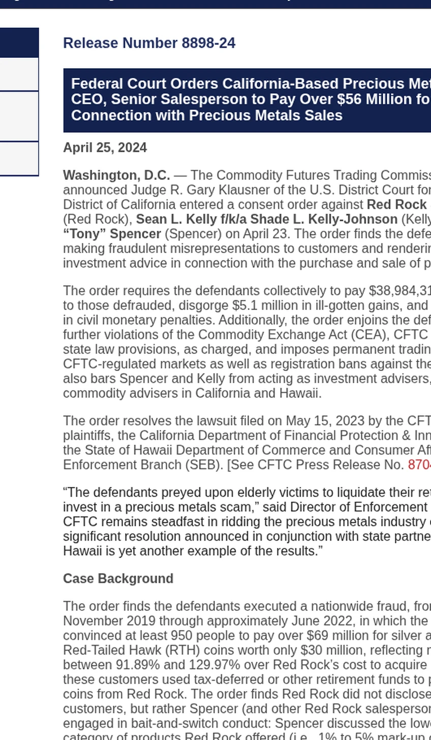 CFTC Release 8898-24 announcing that a federal court ordered Red Rock Secured and two executives to pay over $56 million, with the case background finding that the defendants convinced at least 950 people to pay over $69 million for silver and gold coins worth only $30 million, reflecting markups of between 91.89 and 129.97 percent over cost, and that most of these customers used tax-deferred or other retirement funds